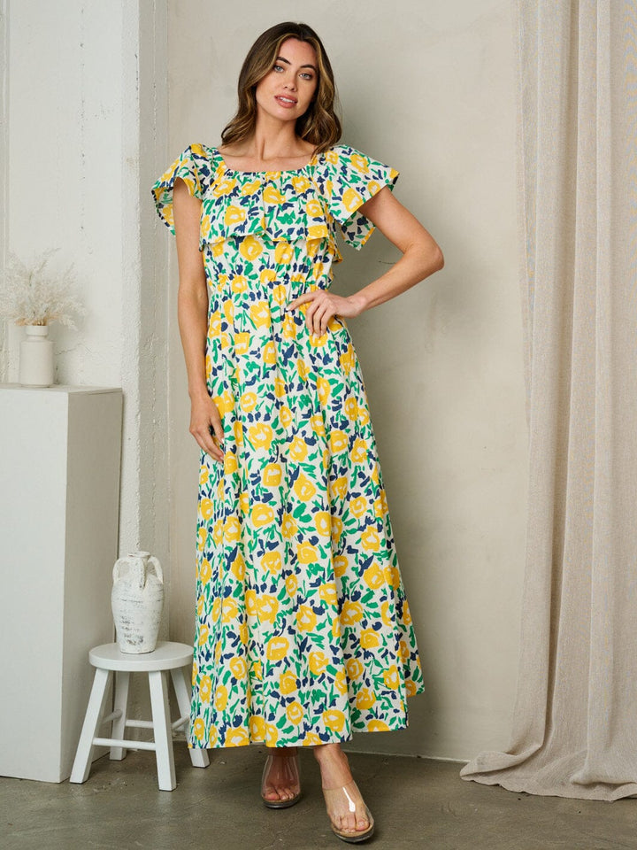 WOMEN'S SHORT SLEEVE RUFFLE FLORAL MAXI DRESS