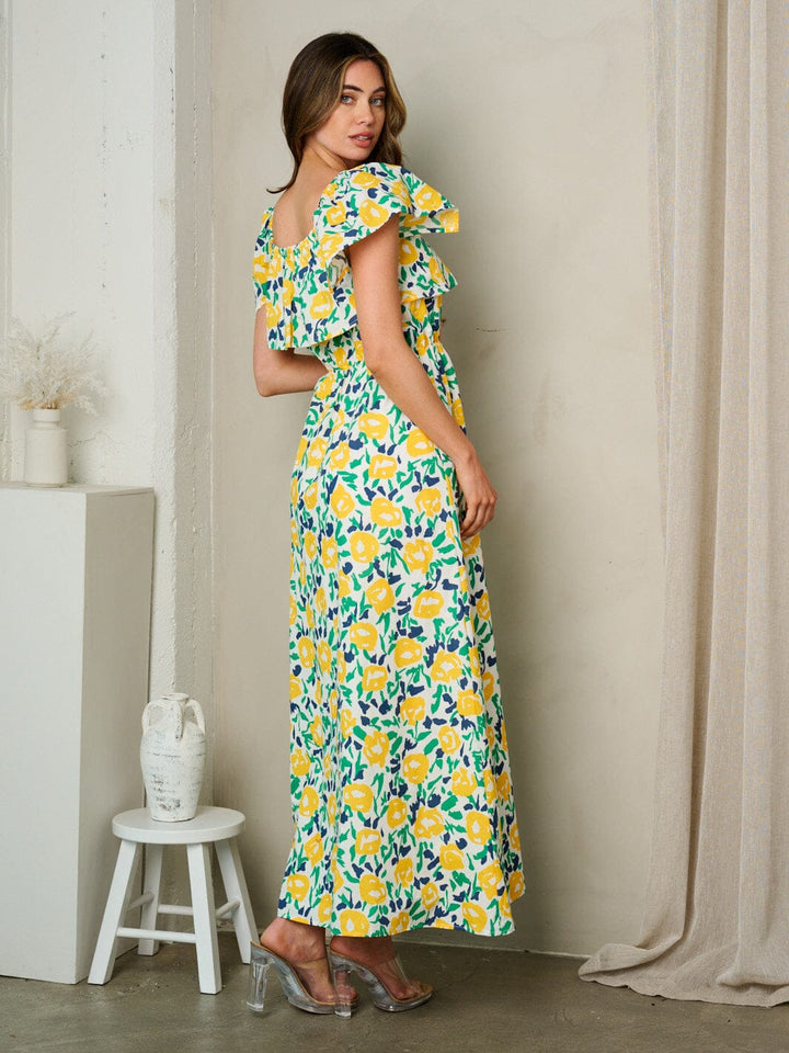 WOMEN'S SHORT SLEEVE RUFFLE FLORAL MAXI DRESS
