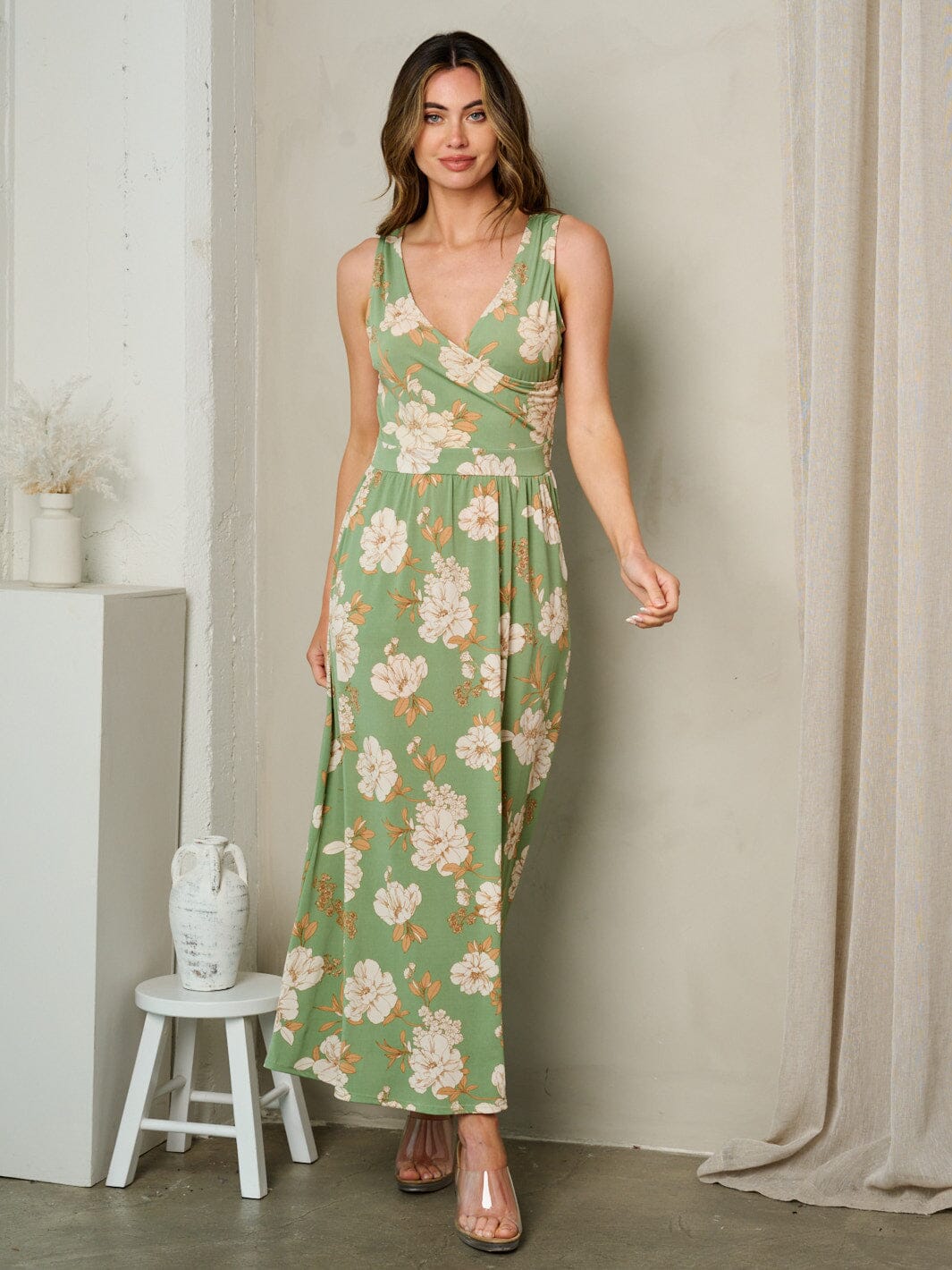 WOMEN'S SLEEVELESS V-NECK POCKETS FLORAL MAXI DRESS