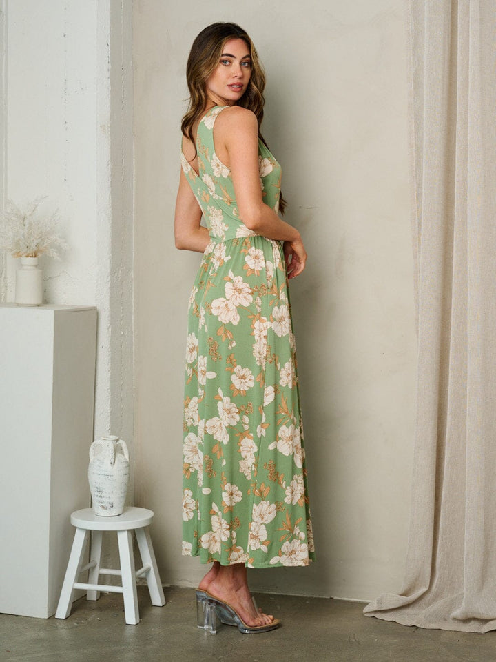 WOMEN'S SLEEVELESS V-NECK POCKETS FLORAL MAXI DRESS