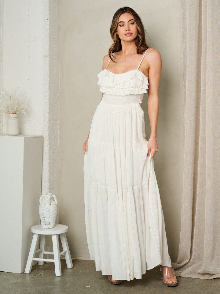 WOMEN'S SLEEVELESS RUFFLE BACK TIE MAXI DRESS