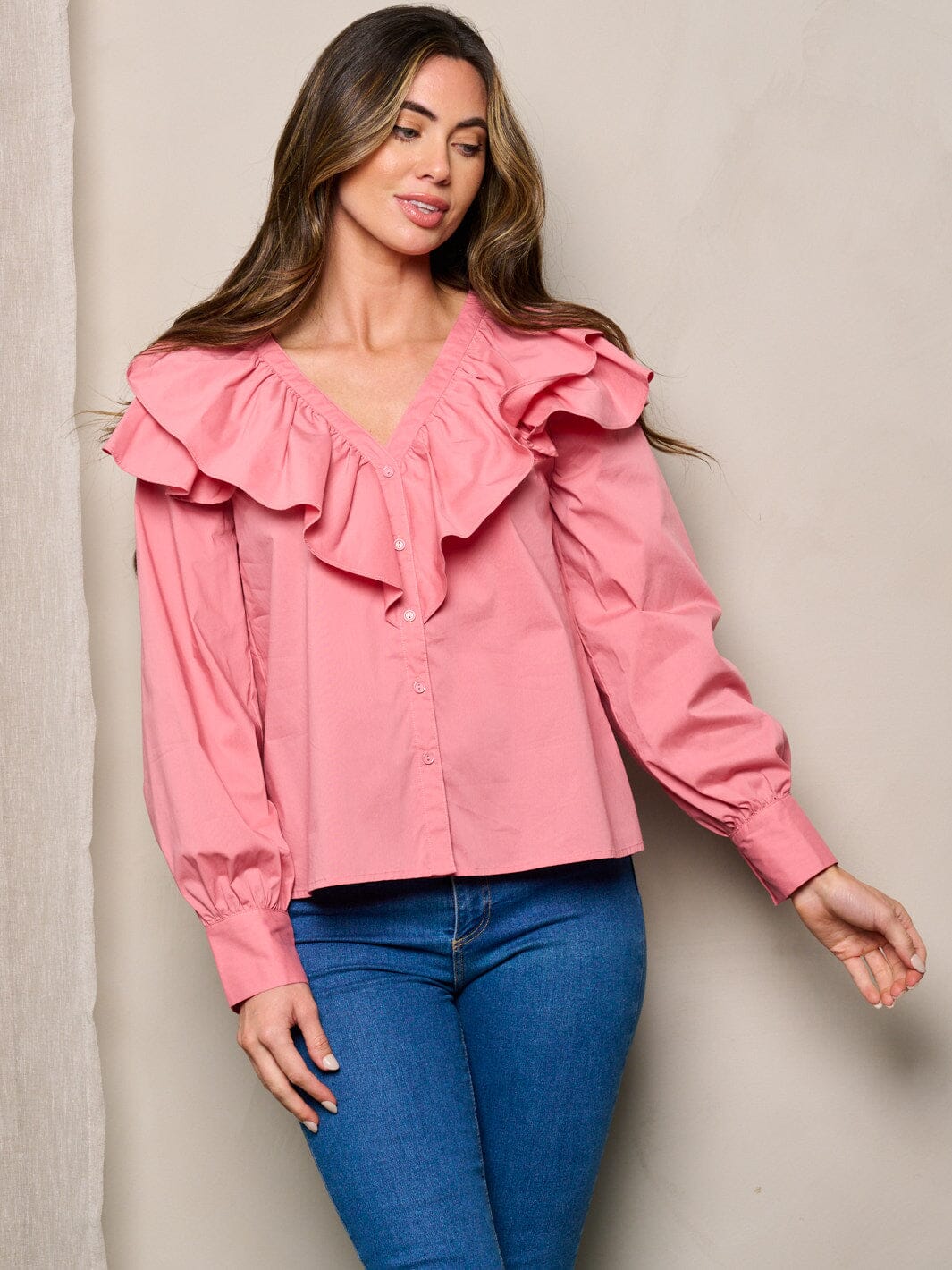 WOMEN'S LONG SLEEVES RUFFLE BUTTON UP BLOUSE TOP