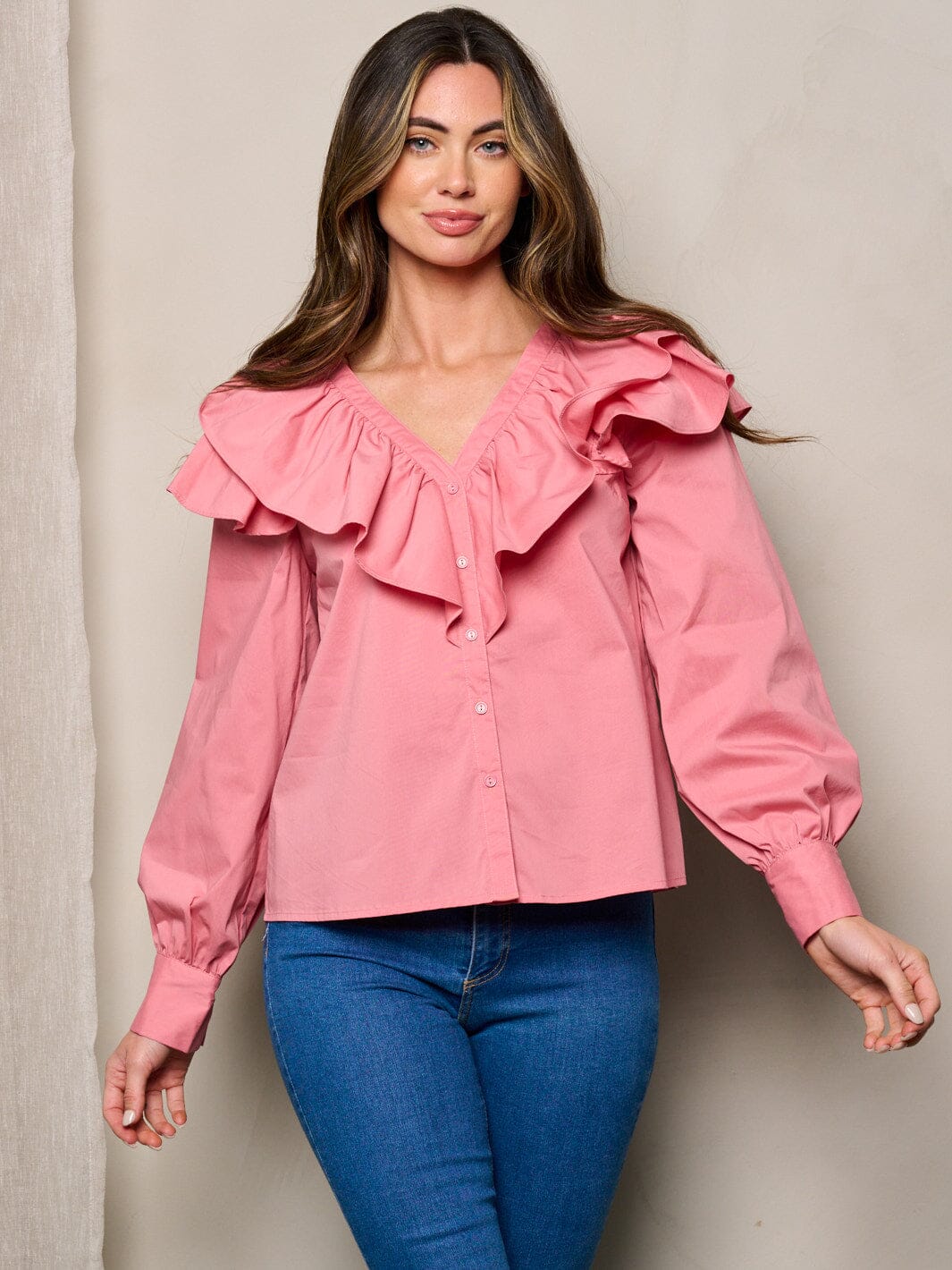 WOMEN'S LONG SLEEVES RUFFLE BUTTON UP BLOUSE TOP