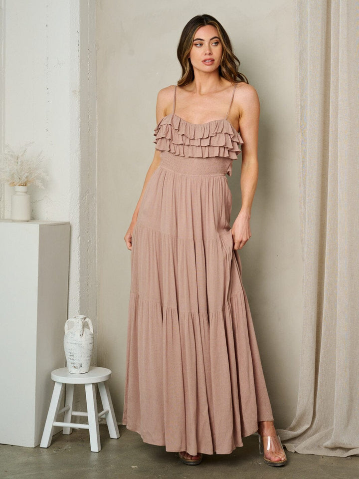 WOMEN'S SLEEVELESS RUFFLE BACK TIE MAXI DRESS