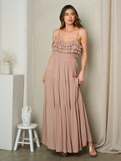 WOMEN'S SLEEVELESS RUFFLE BACK TIE MAXI DRESS