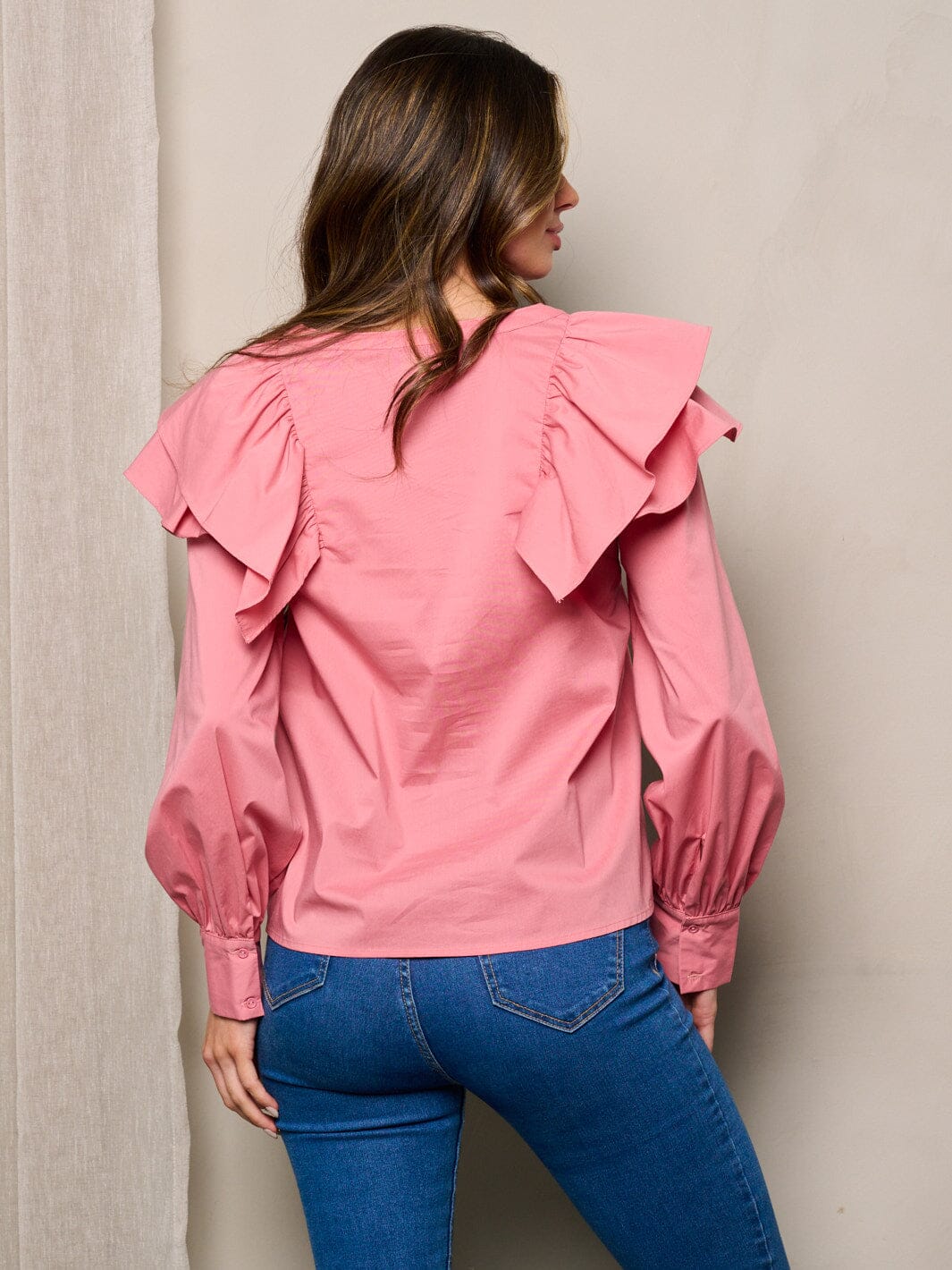 WOMEN'S LONG SLEEVES RUFFLE BUTTON UP BLOUSE TOP