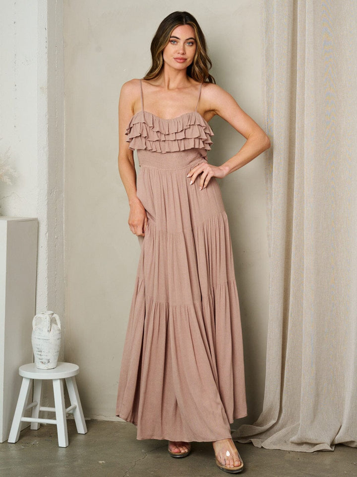 WOMEN'S SLEEVELESS RUFFLE BACK TIE MAXI DRESS