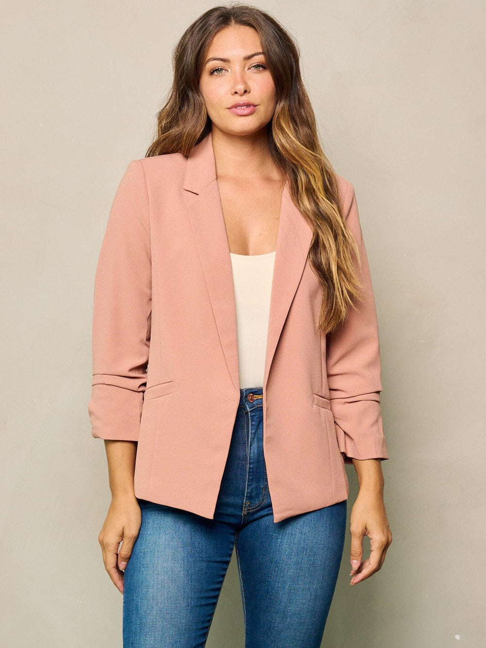 WOMEN'S RUCHED LONG SLEEVES OPEN FRONT BLAZER