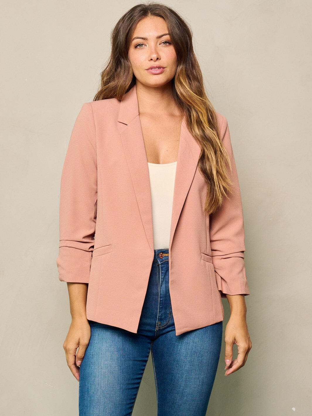 WOMEN'S RUCHED LONG SLEEVES OPEN FRONT BLAZER