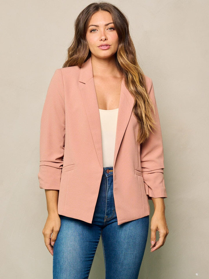 WOMEN'S RUCHED LONG SLEEVES OPEN FRONT BLAZER