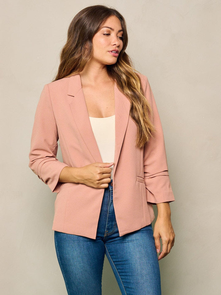 WOMEN'S RUCHED LONG SLEEVES OPEN FRONT BLAZER