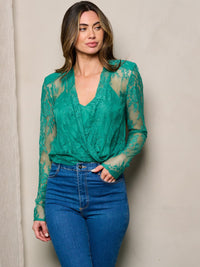 WOMEN'S LONG SLEEVE SURPLICE LACE BODYSUIT