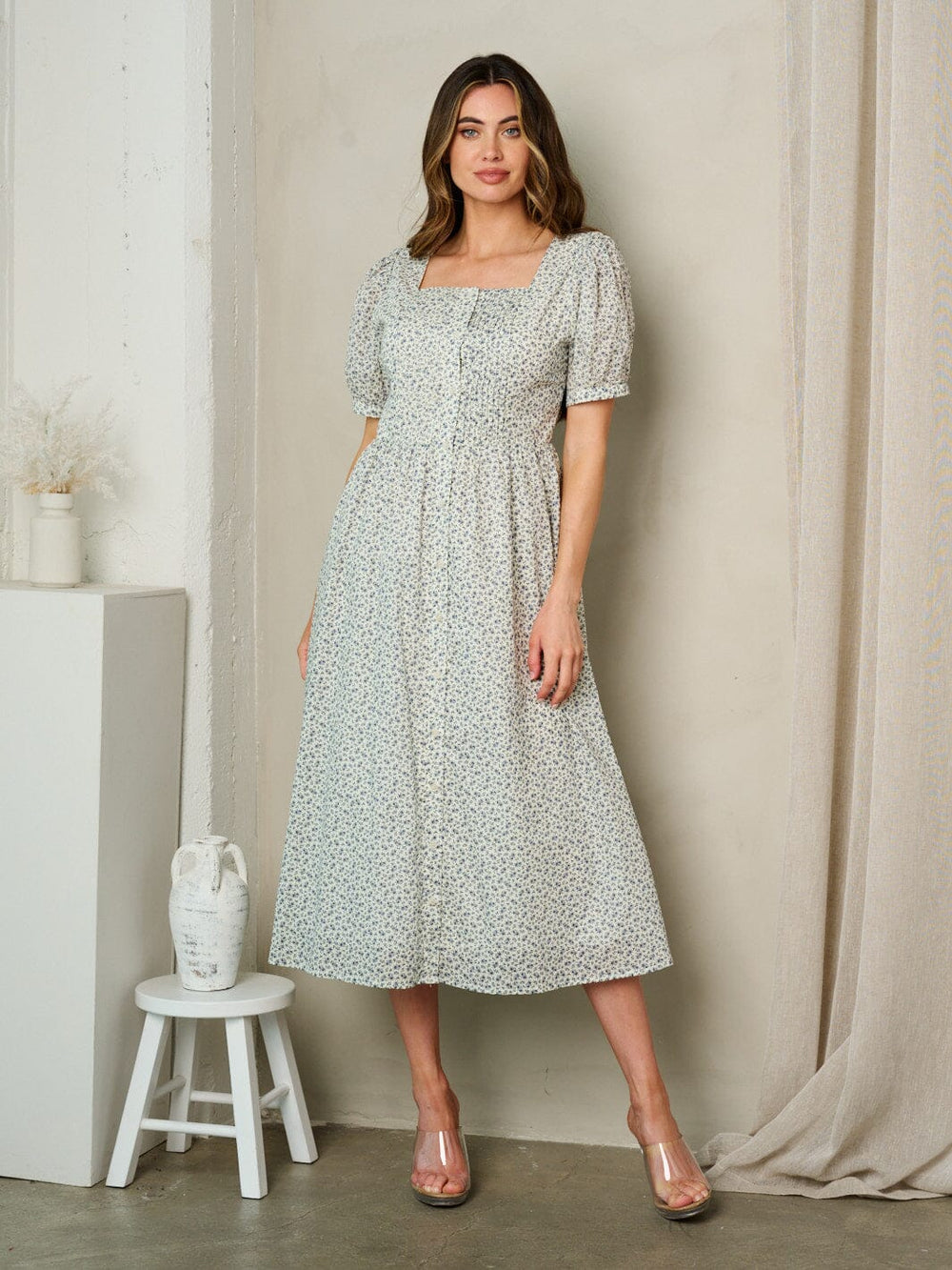 WOMEN'S SHORT SLEEVE BUTTON UP FLORAL MIDI DRESS