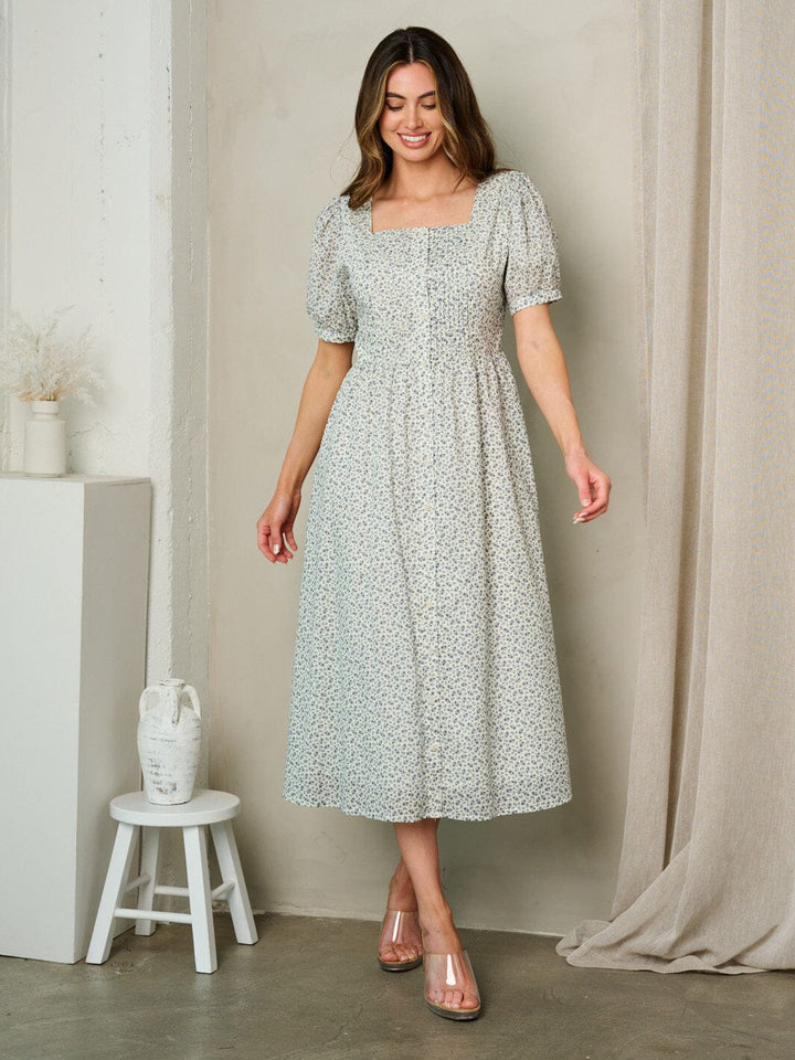 WOMEN'S SHORT SLEEVE BUTTON UP FLORAL MIDI DRESS