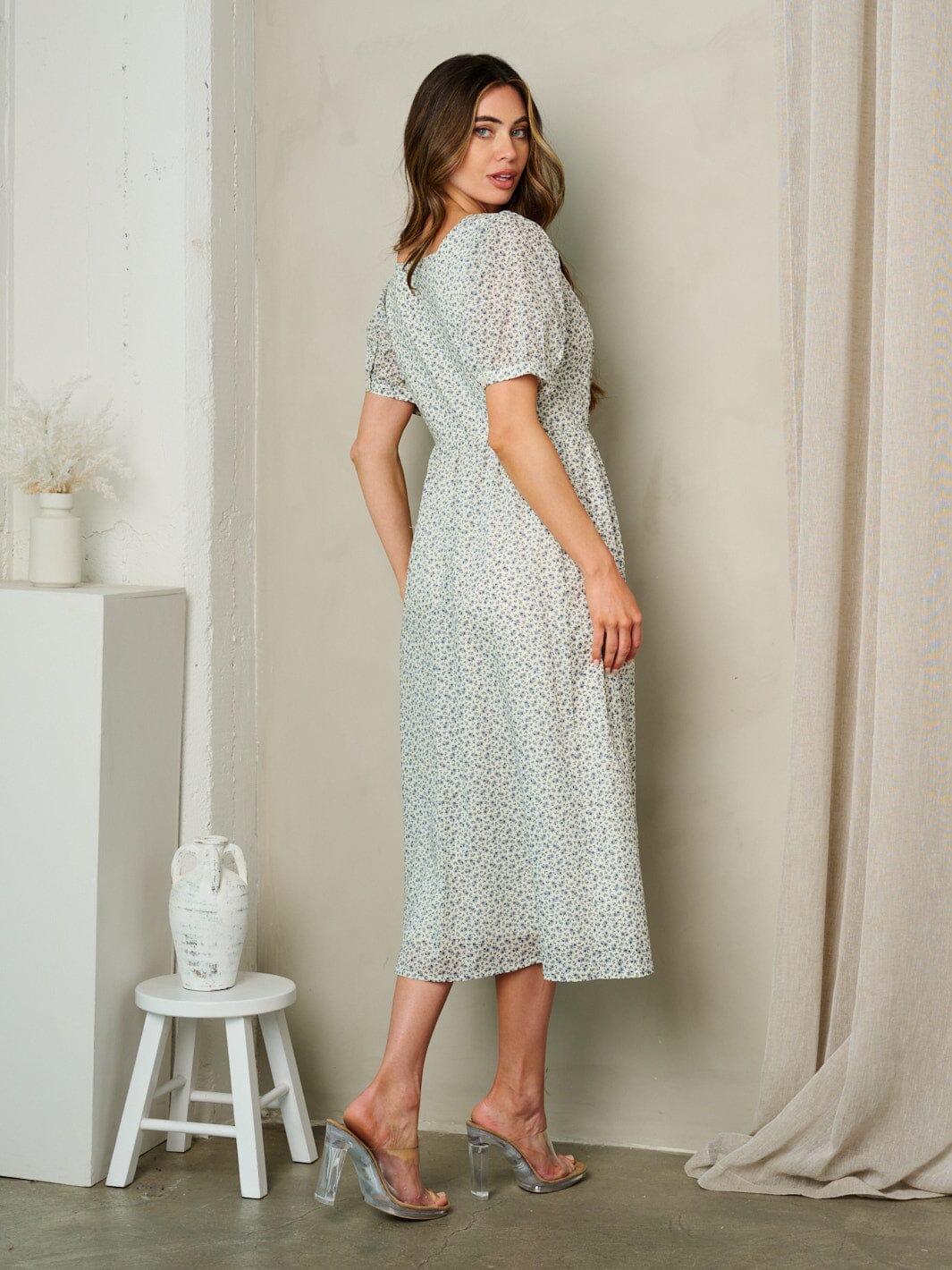 WOMEN'S SHORT SLEEVE BUTTON UP FLORAL MIDI DRESS