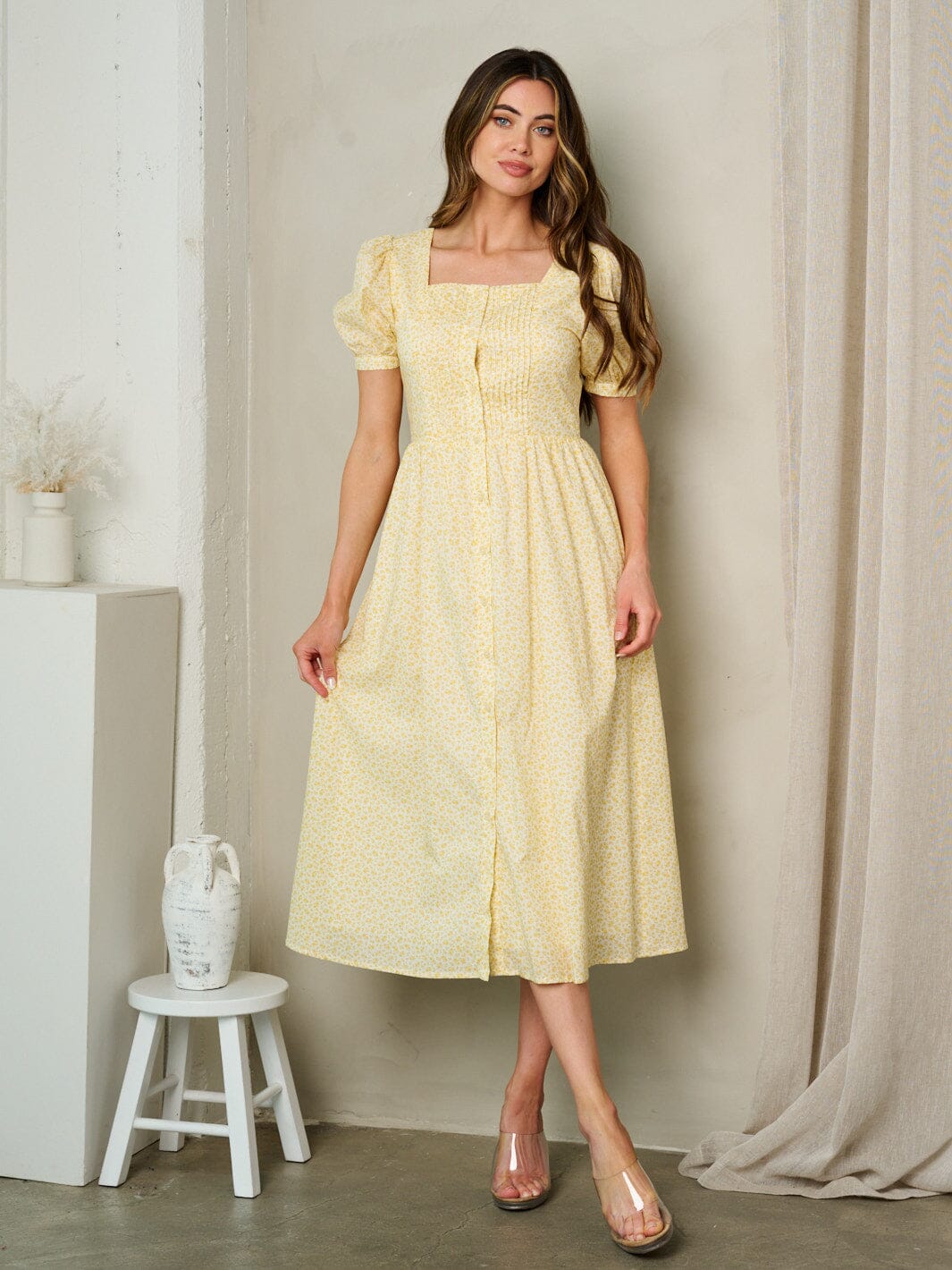 WOMEN'S SHORT SLEEVE BUTTON UP FLORAL MIDI DRESS