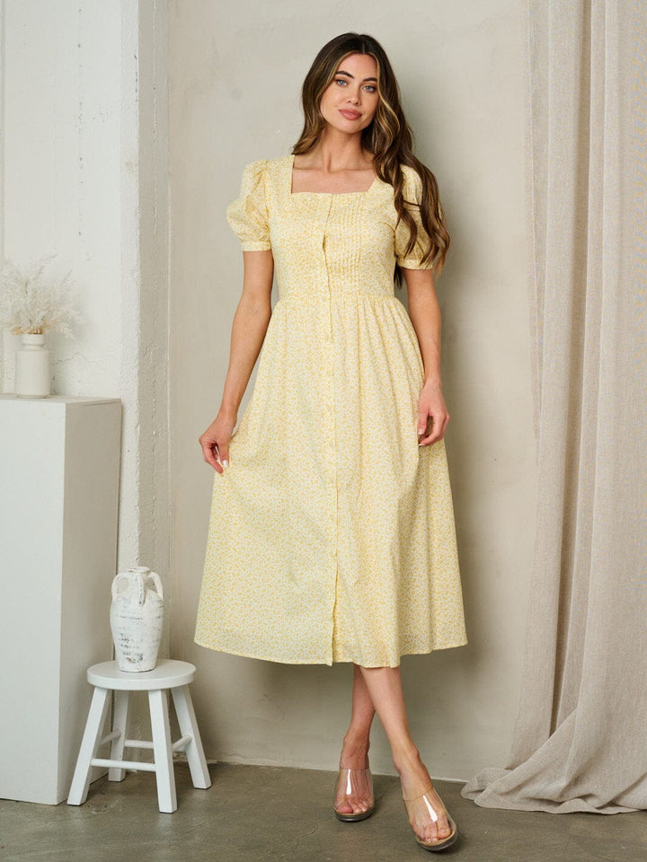 WOMEN'S SHORT SLEEVE BUTTON UP FLORAL MIDI DRESS