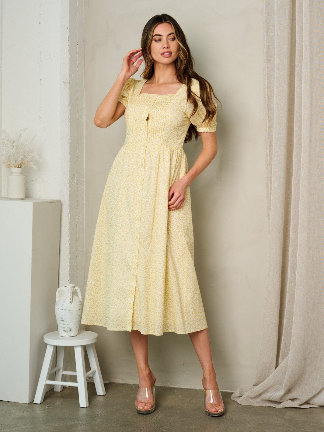 WOMEN'S SHORT SLEEVE BUTTON UP FLORAL MIDI DRESS