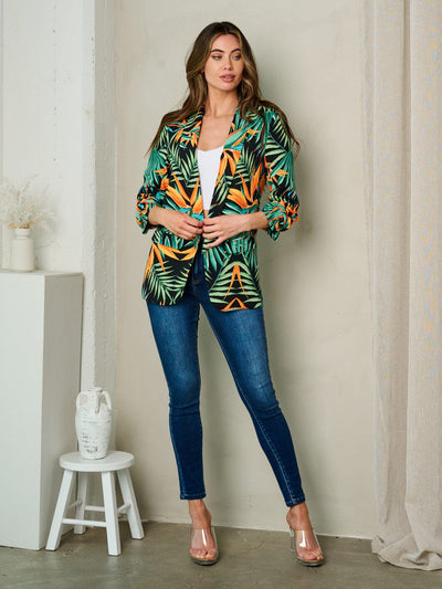 WOMEN'S 3/4 SLEEVE OPEN FRONT LEAF PRINT BLAZER