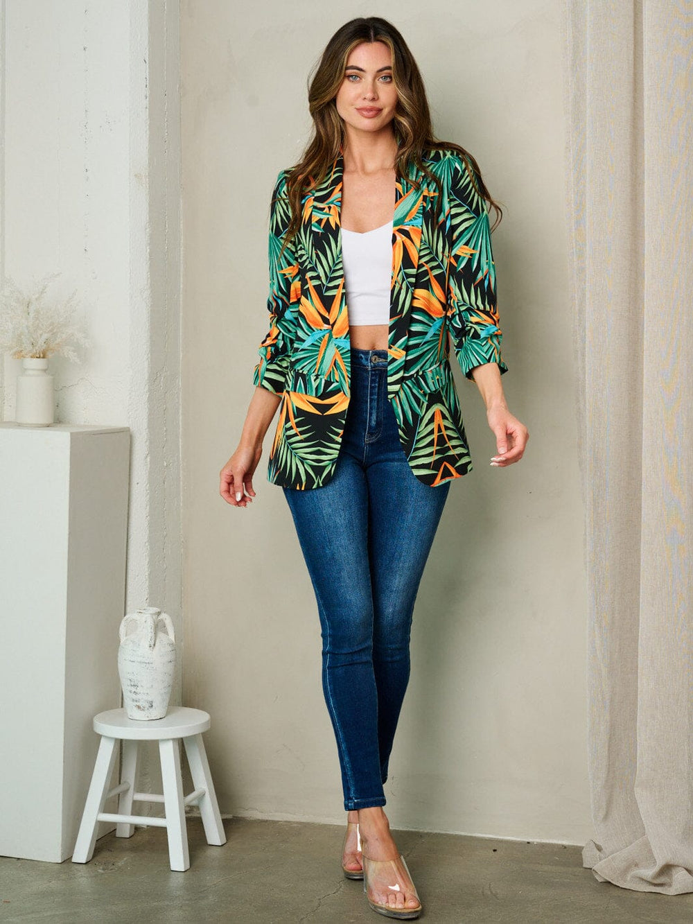 WOMEN'S 3/4 SLEEVE OPEN FRONT LEAF PRINT BLAZER