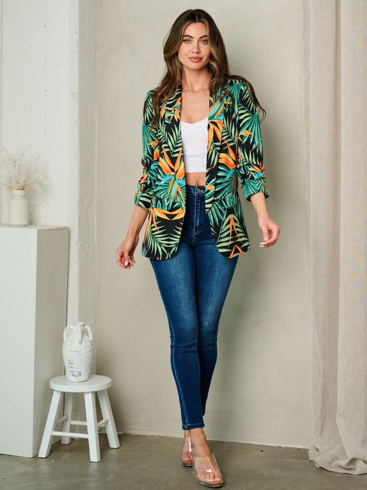 WOMEN'S 3/4 SLEEVE OPEN FRONT LEAF PRINT BLAZER