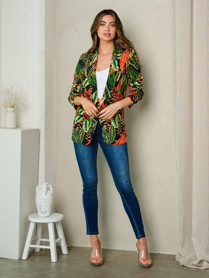 WOMEN'S 3/4 SLEEVE OPEN FRONT MULTI PRINT BLAZER