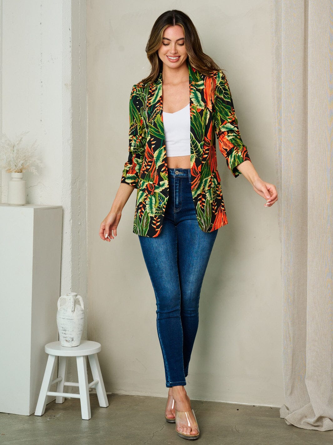 WOMEN'S 3/4 SLEEVE OPEN FRONT MULTI PRINT BLAZER