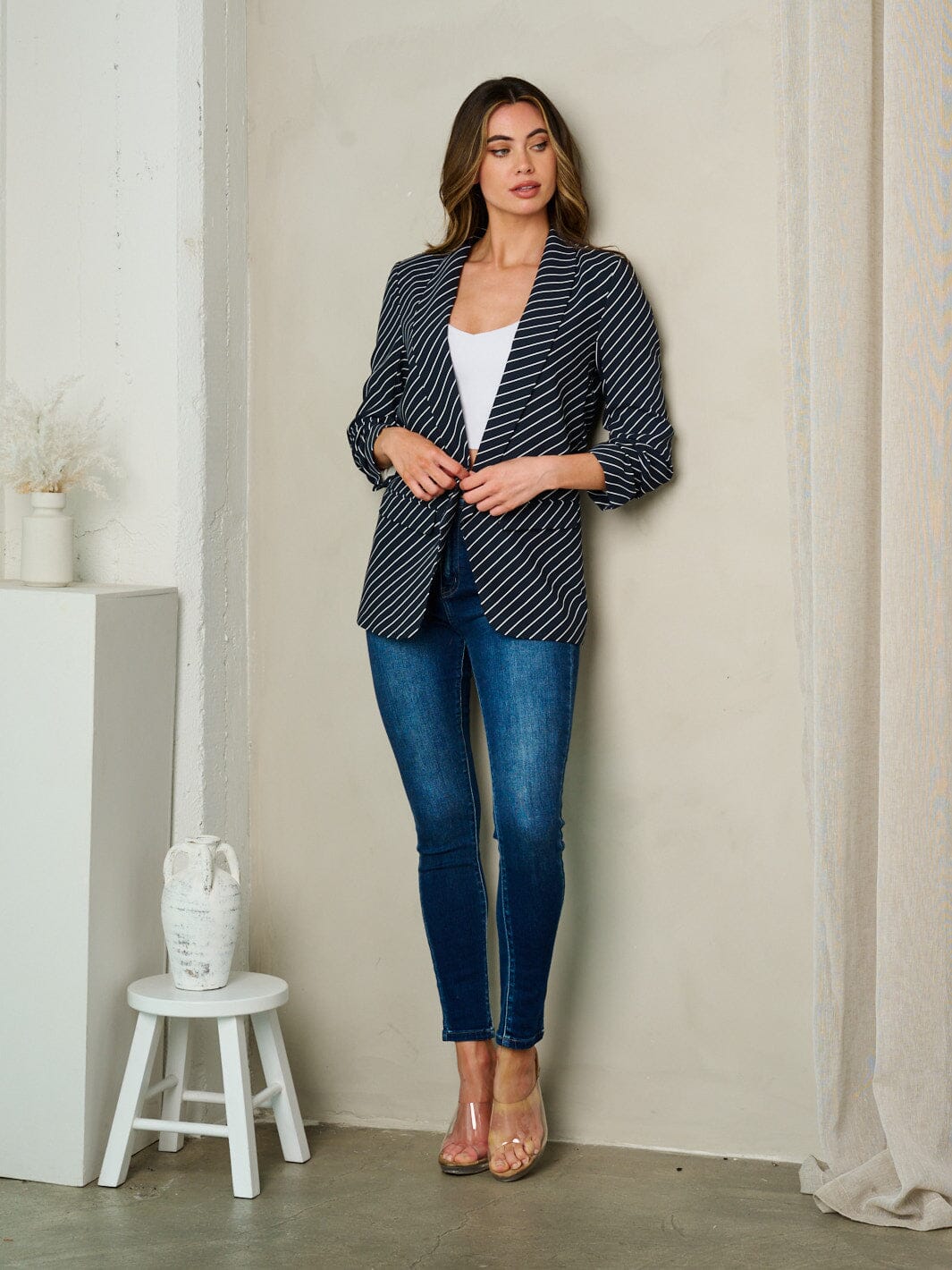 WOMEN'S 3/4 SLEEVE OPEN FRONT STRIPES BLAZER
