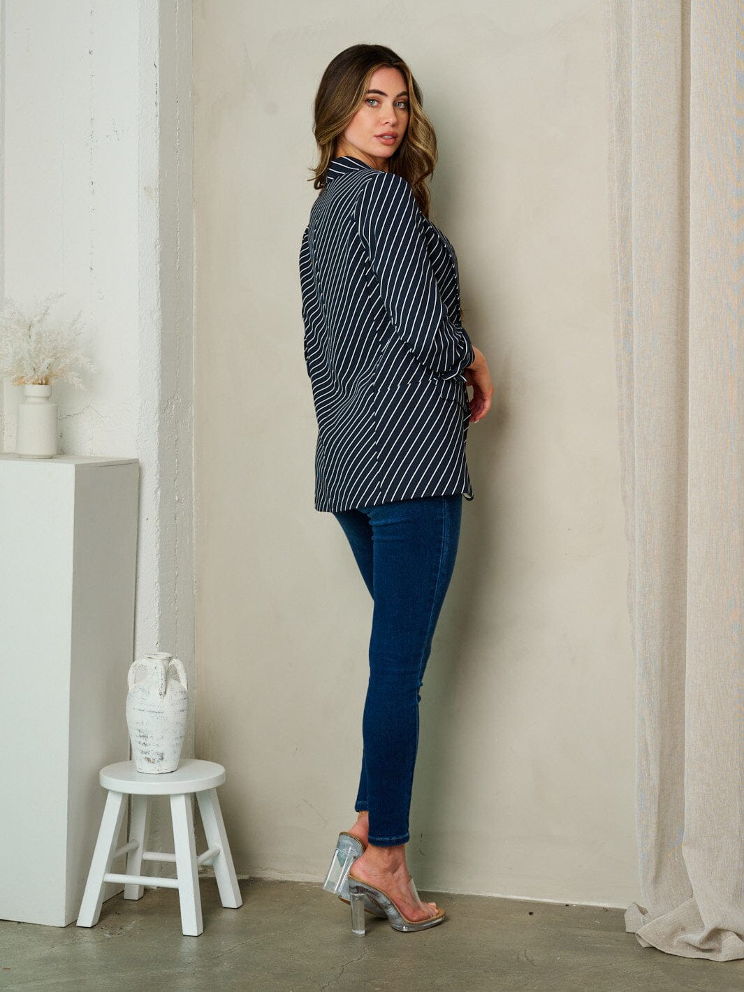 WOMEN'S 3/4 SLEEVE OPEN FRONT STRIPES BLAZER