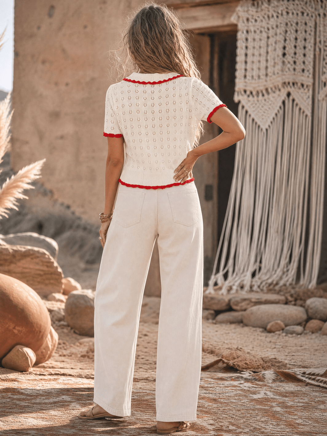 WOMEN'S SHORT SLEEVE BUTTON UP FRONT POCKETS CROCHET COLORBLOCK BLOUSE