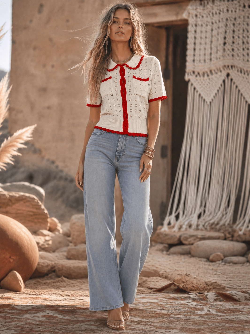 WOMEN'S SHORT SLEEVE BUTTON UP FRONT POCKETS CROCHET COLORBLOCK BLOUSE