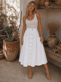 WOMEN'S ELASTIC WAIST BUTTON UP FRONT POCKETS DENIM MIDI SKIRT