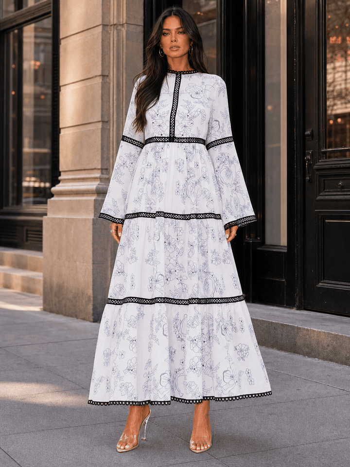 WOMEN'S LONG BELL SLEEVE TIERED FLORAL PRINT MAXI DRESS