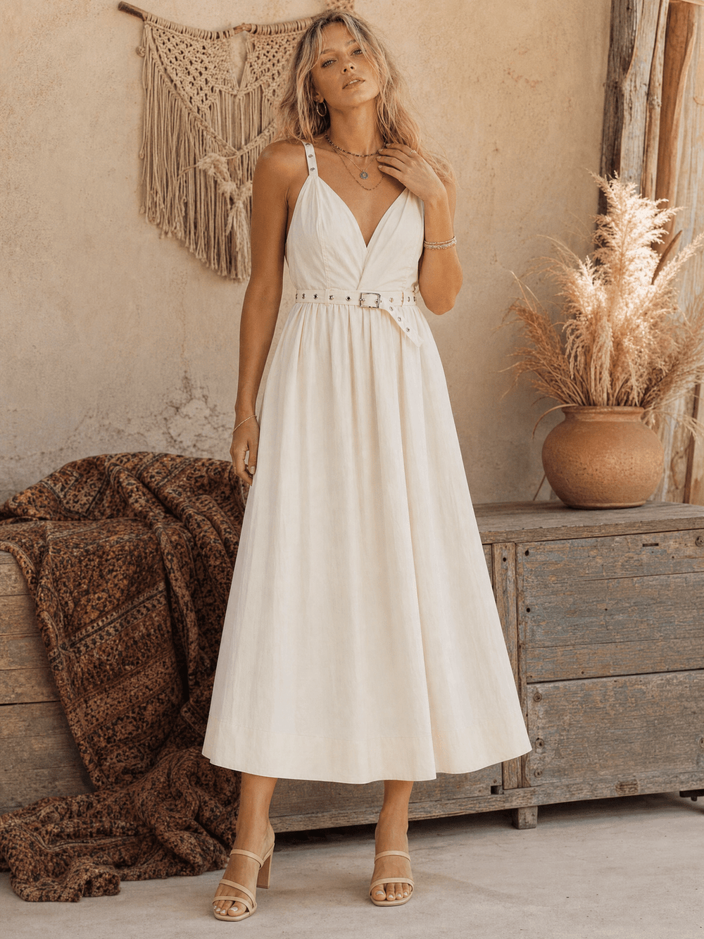 WOMEN'S SLEEVELESS SURPLICE FRONT POCKETS ELASTIC WAIST OPEN BACK MAXI DRESS