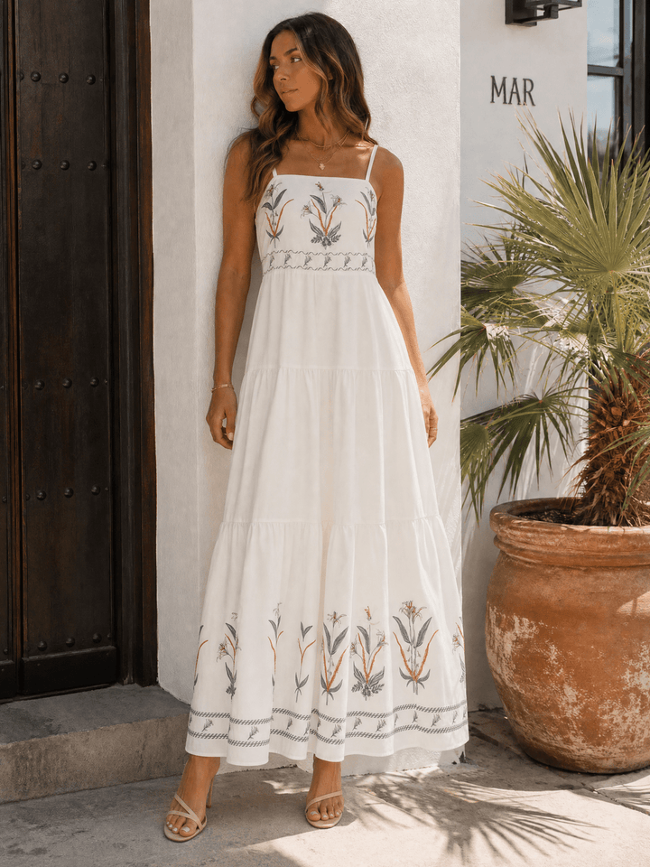 WOMEN'S SLEEVELESS SQUARE NECK SMOCK FLORAL PRINT TIERED MAXI DRESS