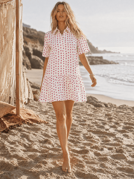 WOMEN'S SHORT SLEEVE BUTTON UP LOOSE FIT PRINT MINI DRESS 1S-2M-2L-2XL