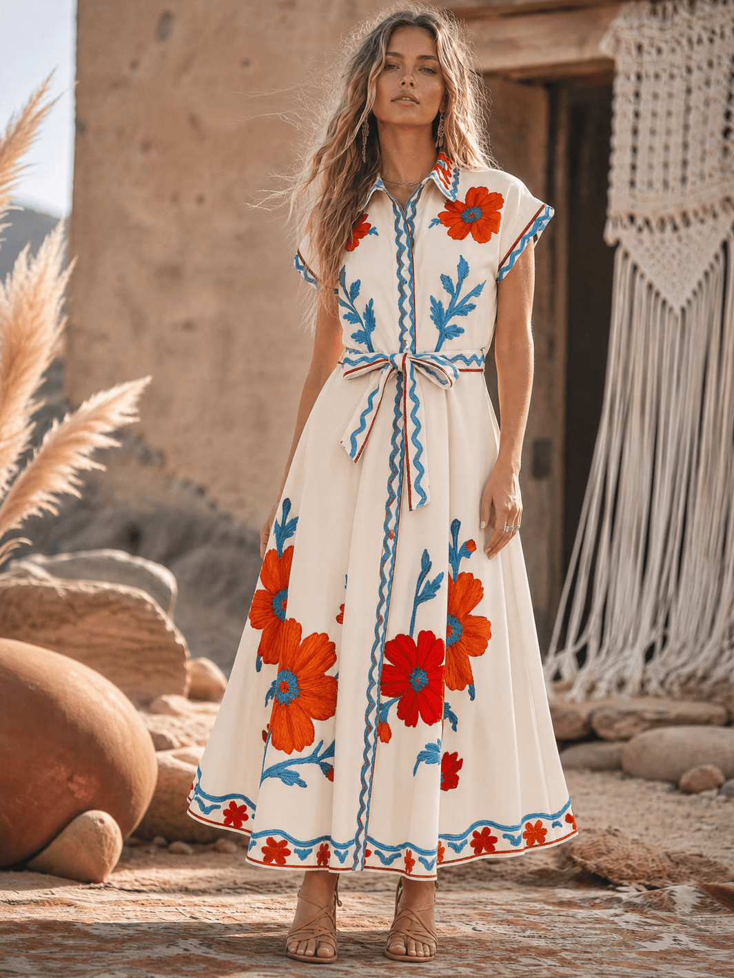 WOMEN'S SHORT SLEEVE SELF TIE BUTTON UP FLORAL PRINT MAXI DRESS