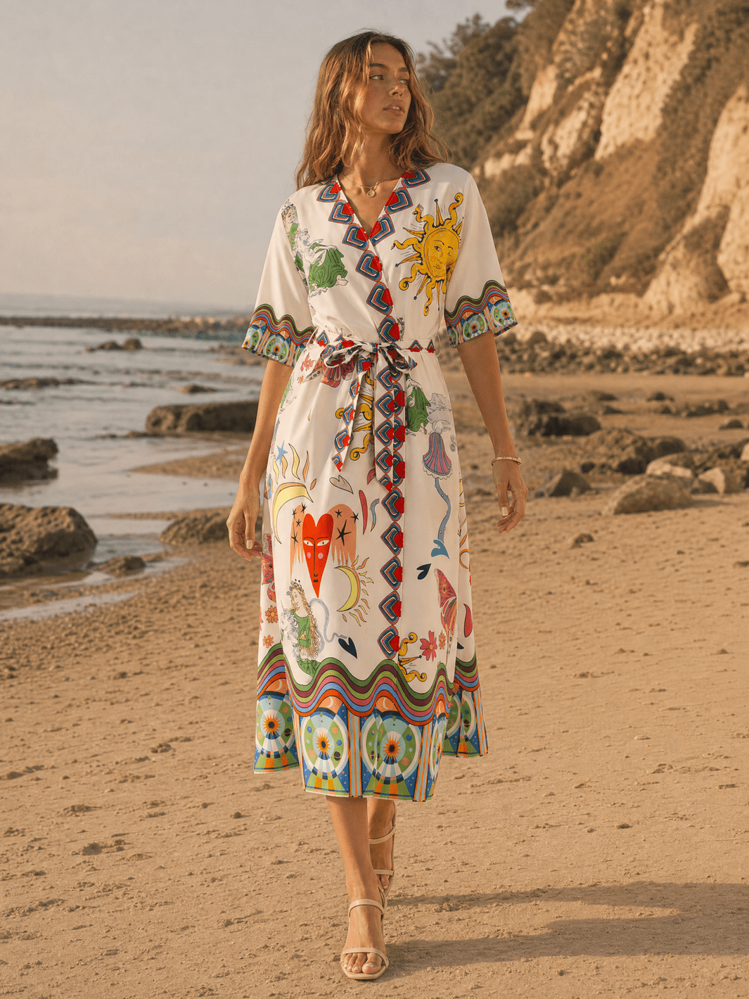 WOMEN'S SHORT SLEEVE SELF TIE WRAP MULTI PRINT MAXI DRESS