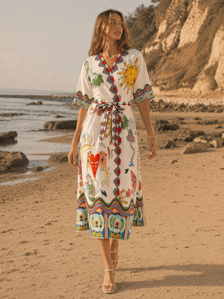 WOMEN'S SHORT SLEEVE SELF TIE WRAP MULTI PRINT MAXI DRESS