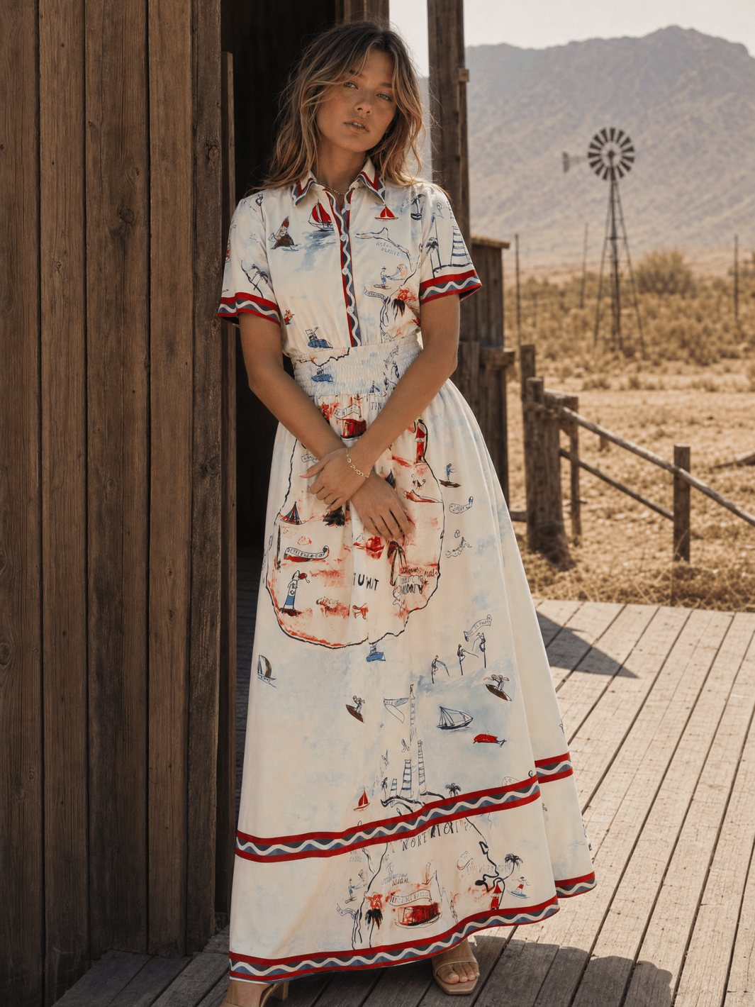 WOMEN'S SHORT SLEEVE SELF TIE BUTTON UP SMOCK WAIST MULTI PRINT MAXI DRESS
