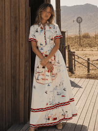 WOMEN'S SHORT SLEEVE SELF TIE BUTTON UP SMOCK WAIST MULTI PRINT MAXI DRESS