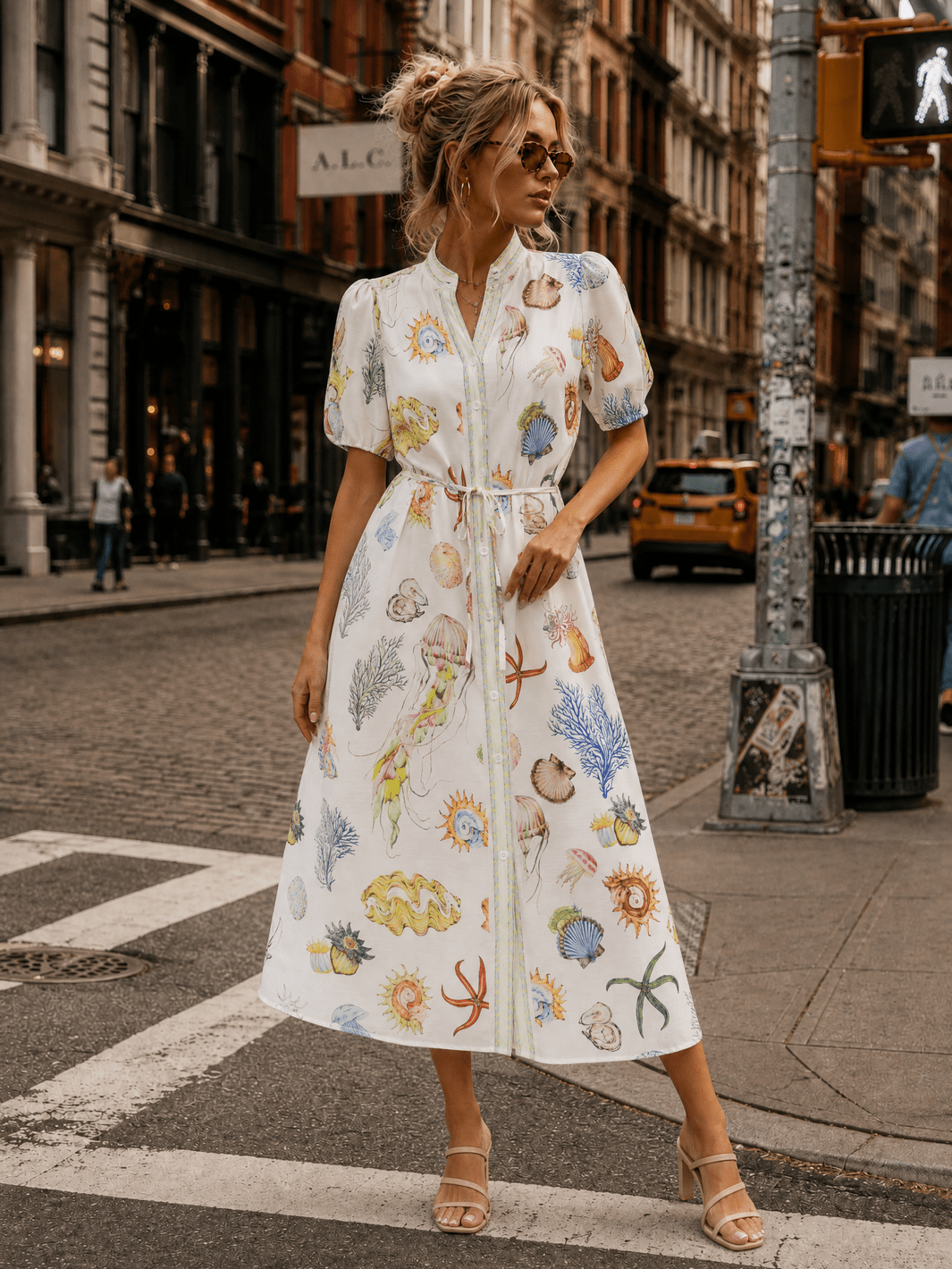 WOMEN'S SHORT SLEEVE SELF TIE BUTTON UP MULTI PRINT MAXI DRESS