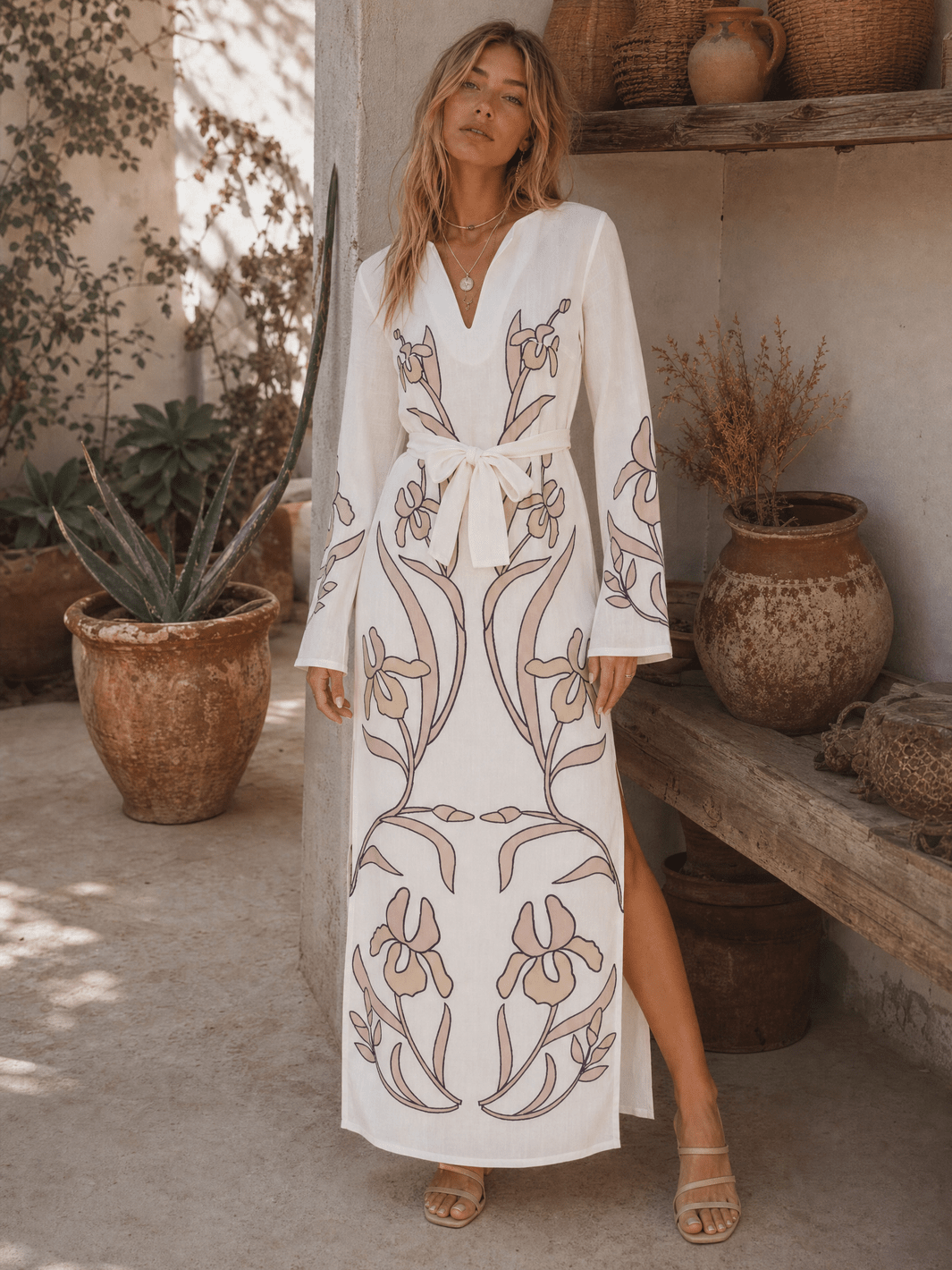 WOMEN'S LONG SLEEVE V-NECK SELF TIE SIDE SLIT MULTI PRINT MAXI DRESS