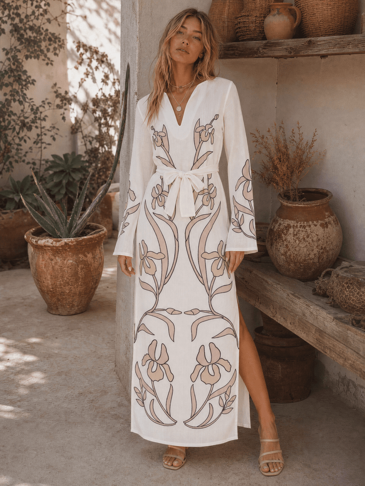 WOMEN'S LONG SLEEVE V-NECK SELF TIE SIDE SLIT MULTI PRINT MAXI DRESS