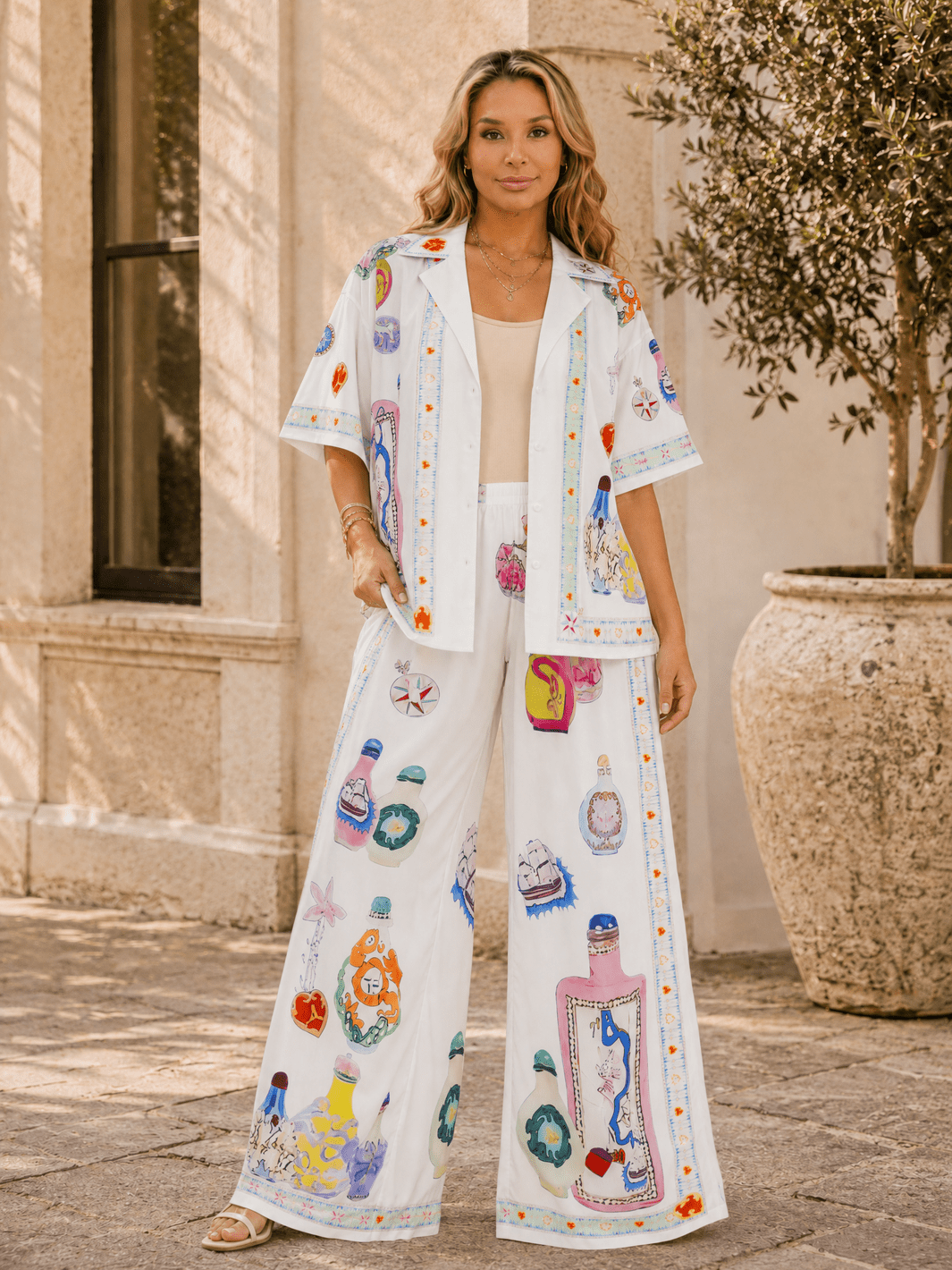 WOMEN'S SHORT SLEEVE BLOUSE & ELASTIC WAIST WIDE LEG PANTS MULTI PRINT 2PC. SET