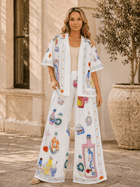 WOMEN'S SHORT SLEEVE BLOUSE & ELASTIC WAIST WIDE LEG PANTS MULTI PRINT 2PC. SET