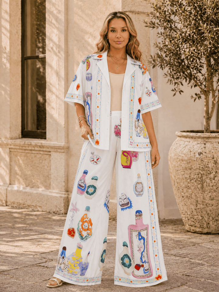 WOMEN'S SHORT SLEEVE BLOUSE & ELASTIC WAIST WIDE LEG PANTS MULTI PRINT 2PC. SET