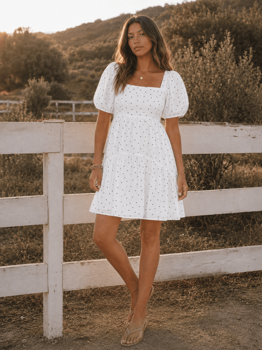 WOMEN'S SHORT PUFF SLEEVE SQUARE NECK SMOCK FRONT POCKETS POLKA DOTS MINI DRESS
