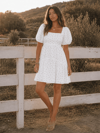 WOMEN'S SHORT PUFF SLEEVE SQUARE NECK SMOCK FRONT POCKETS POLKA DOTS MINI DRESS