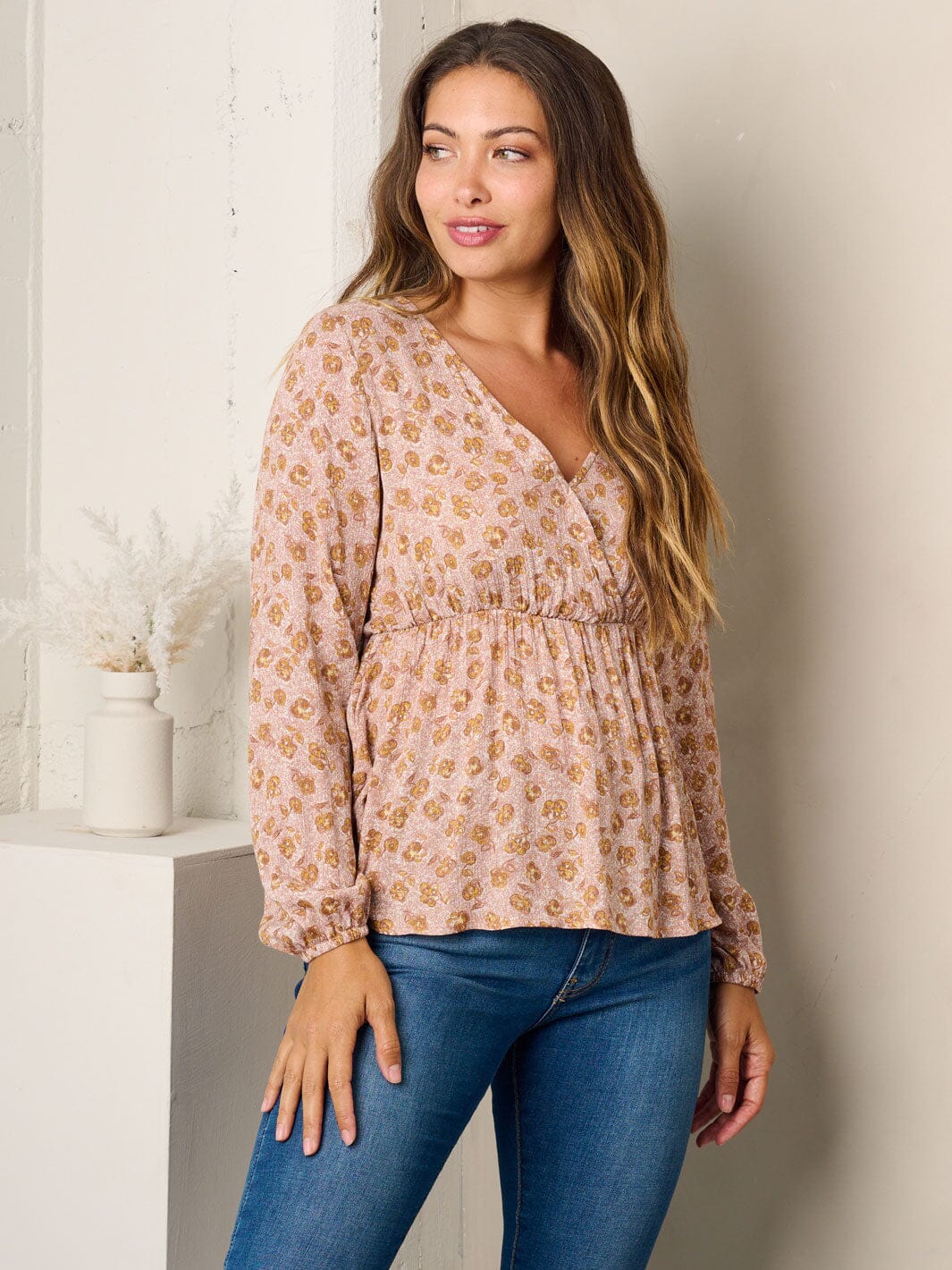 WOMEN'S LONG SLEEVE SURPLICE FLORAL BLOUSE TOP